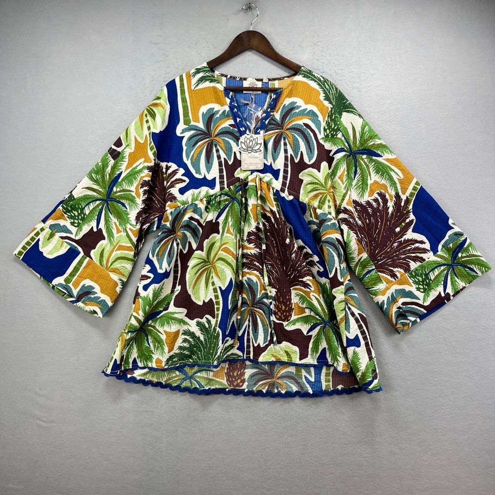 True Destinations Top Women L Green Tropical Palm Seersucker Kimono Boho Beach